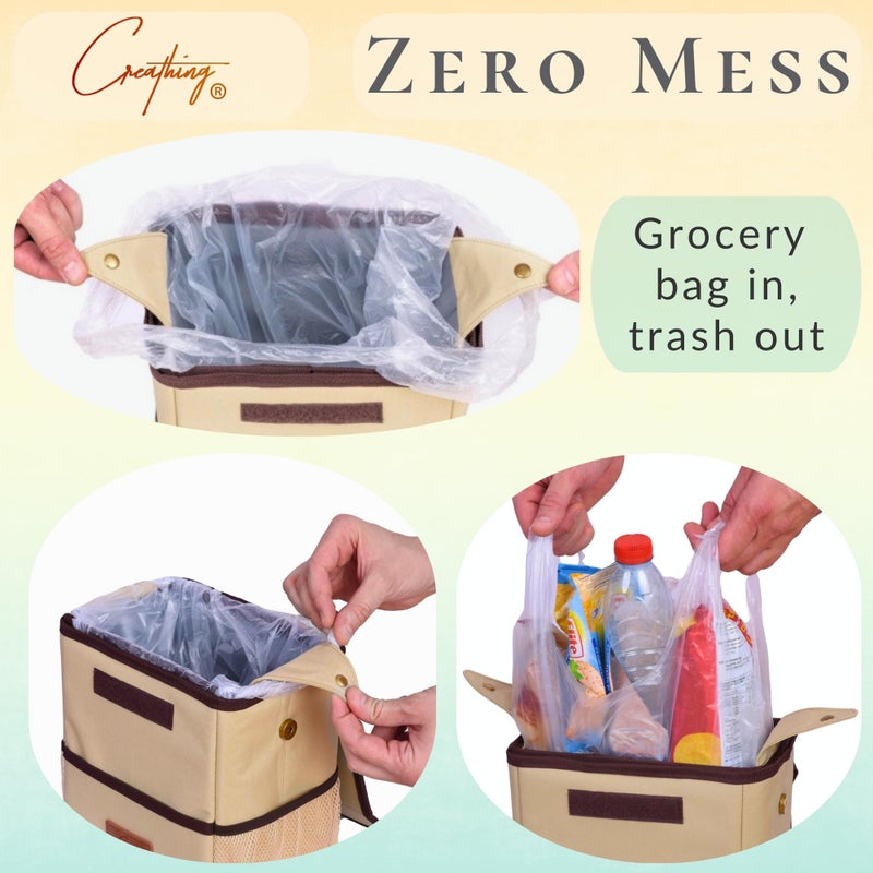 Creathing Car Trash Can [Touring Edition] - Removable Liner - 100% Leakproof, Odor Control Lid, Hanging Garbage Bin for SUV, Truck, Car (2 Gal, Beige) - Image 2